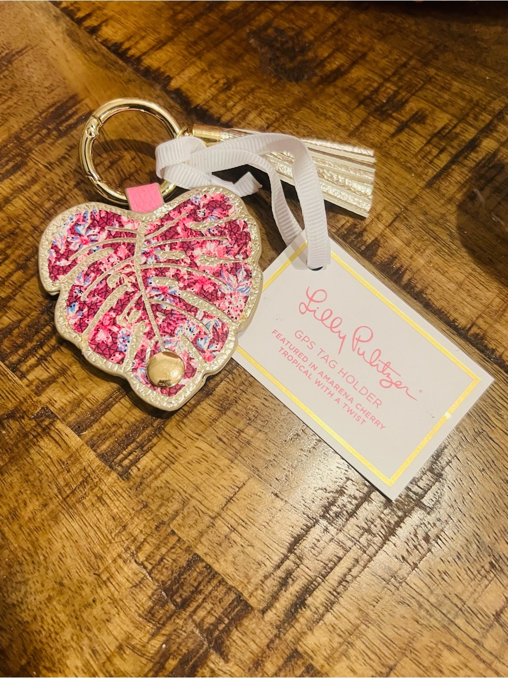 Lilly Pulitzer AirTag Holder Keychain- Leaf Shape- Amarena Cherry- Gold Tassel